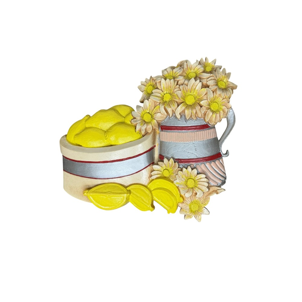 Vintage Homco 3D Resin Wall Plaque Lemon and Daisies Floral Kitchen Decor Yellow